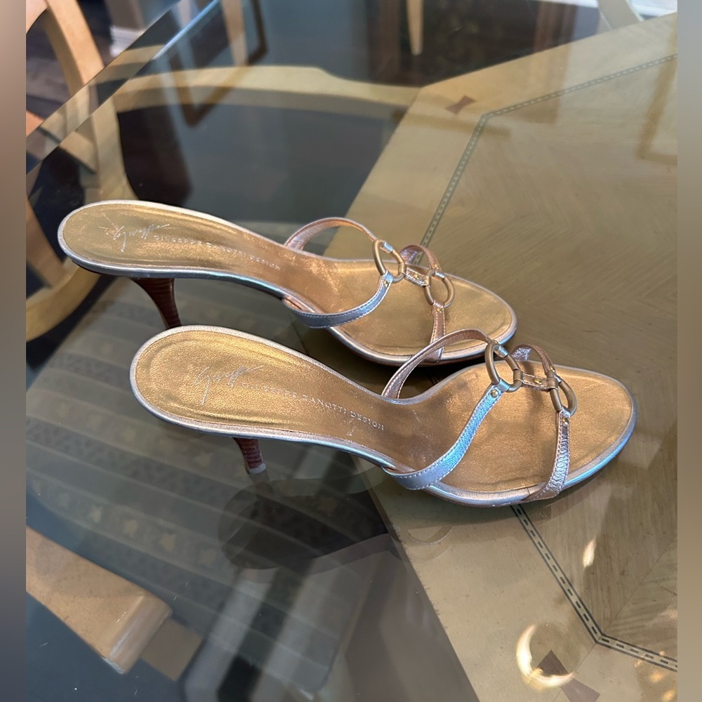 Giuseppe Zanotti shoes.  Metallic Gold, Rose Gold, and Silver open toe.